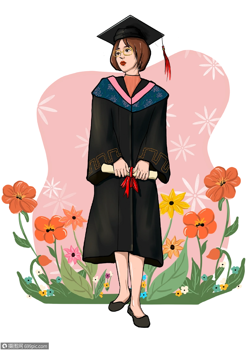 毕业季学士服女孩鲜花手绘