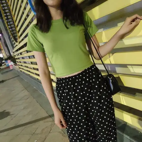 抹茶绿上衣女chic短袖t恤女短款后背绑带露脐高腰紧身港味小心机 绑带