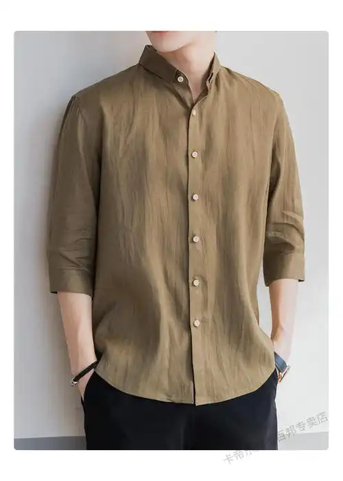 卡帝乐鳄鱼品牌男装夏季亚麻衬衫七分袖短袖男装中国风立领中袖休闲