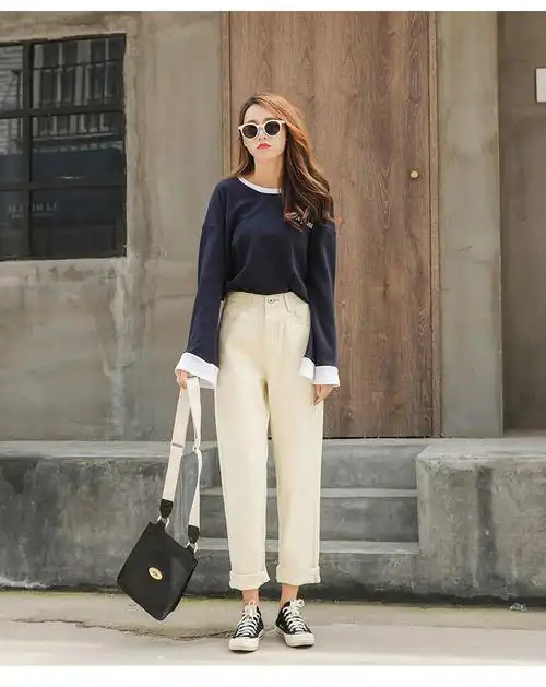 2018女裤子秋冬【四季可穿】卷边百搭休闲裤女学生宽松直筒裤米色个性