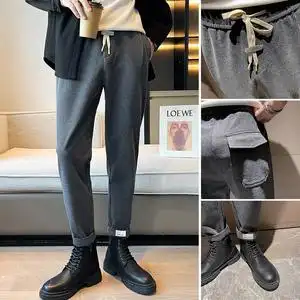 休闲裤男秋冬加绒2021年新款运动卫裤抽绳束脚裤搭配马丁靴的裤子