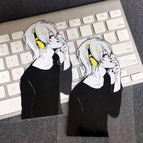 二次元白发带耳机帅锅行李箱电动车自行车反光车贴纸