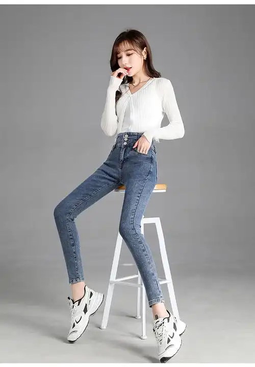 2020年春秋季新款高腰多扣牛仔裤女装韩版显瘦小脚弹力修身裤子