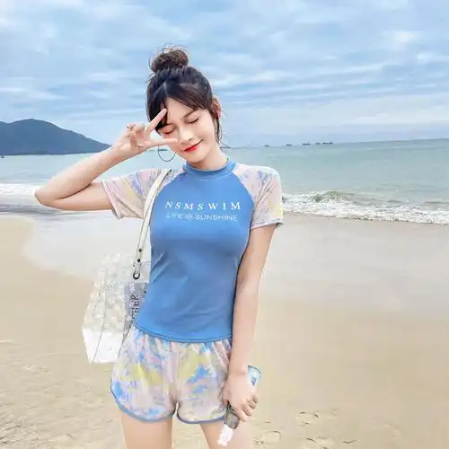 运动裤遮游泳少女可爱圆领学生平角风显短袖分体泳衣