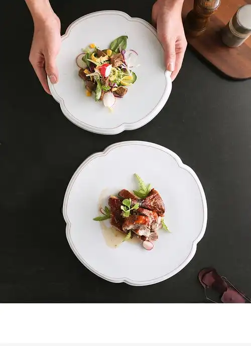 淡青色花型柱体展示盘西餐厅平盘托盘酒店会所餐厅意境菜摆盘餐具 10