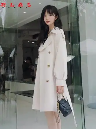 rlas米白色风衣女中长款2024年新款早春小个子英伦风气质今年流行外套