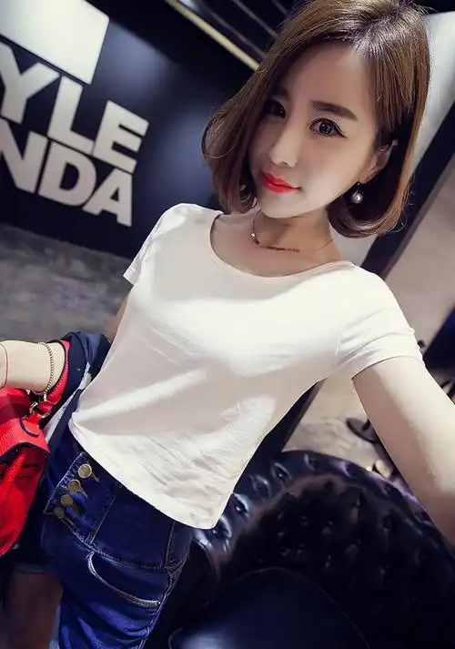 纯色露脐短袖女夏短款恤漏肚脐紧身高腰上衣t恤