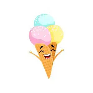 卡通人物欢快的冰淇淋.三彩色冻球在华夫饼锥.美味的甜点手举起来.