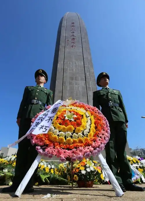 高耸的革命烈士纪念碑,寄托哀思的花圈和白菊,排队入园祭奠革命先烈的