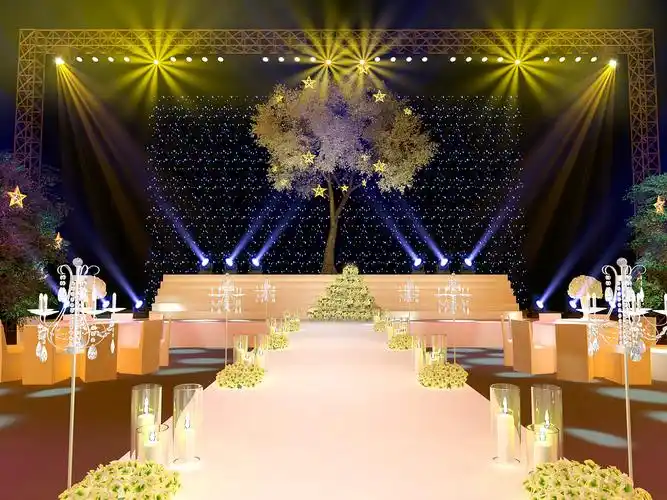 分享收藏香槟色喜庆新中式婚礼设计舞台效果图布置方案三生三世十里