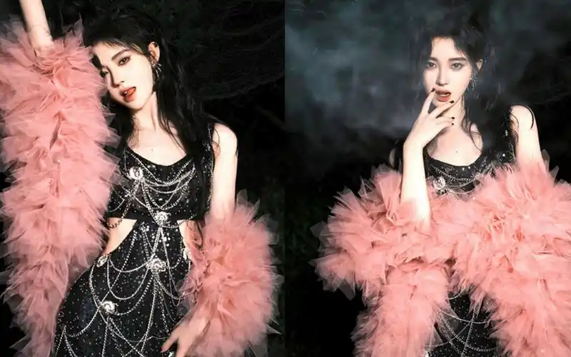 鞠婧祎生日写真甜飒十足 着黑色亮片长裙搭粉纱吸睛迷人