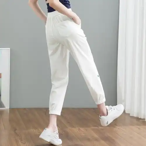 速干运动裤女夏季薄款冰丝女裤白色裤子2021新款休闲九分裤哈伦裤