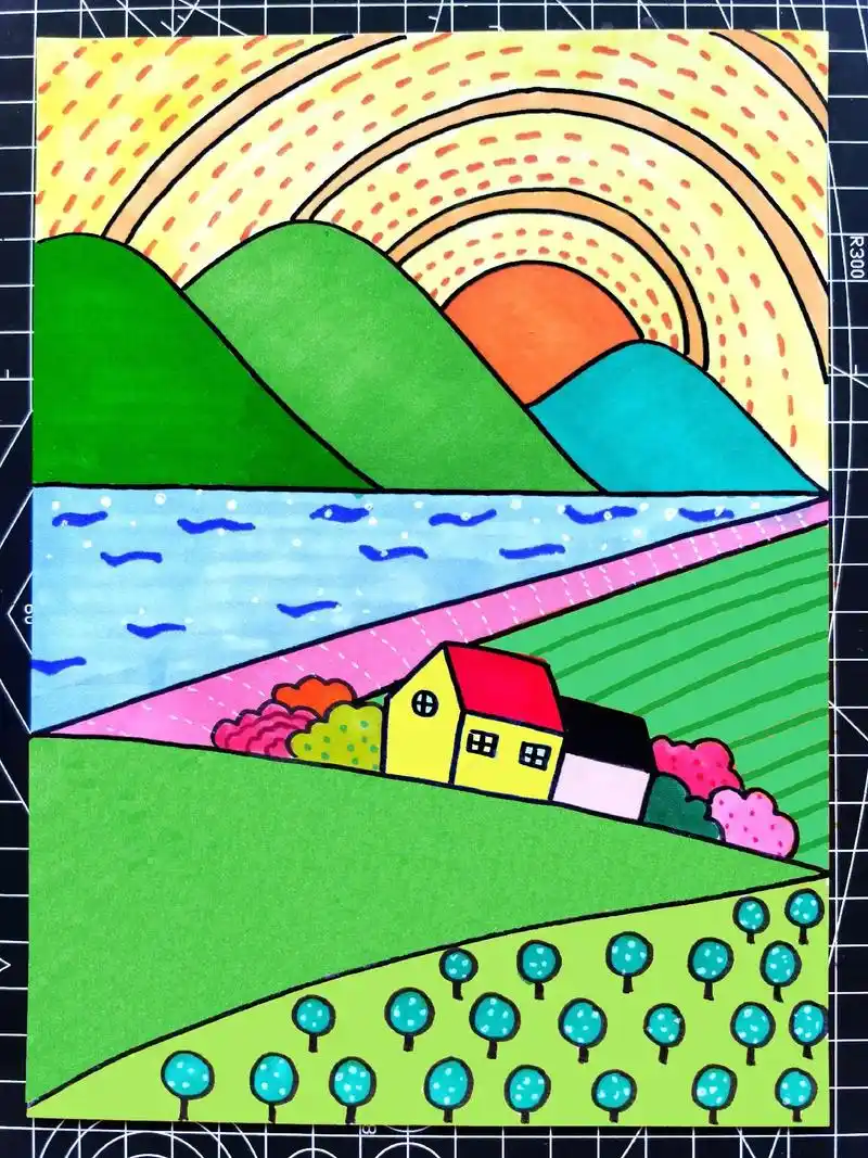 和孩子一起用简单的线条画一幅漂亮的春日风景画吧!# - 抖音