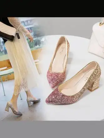 映雯银色婚鞋水晶高跟鞋女粗跟法式伴娘鞋渐变亮片宴会礼服单鞋舒适软