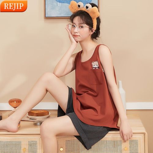 rejip女士新款背心短裤吊带睡衣套装卡通少女棉质学生夏季家居服可外
