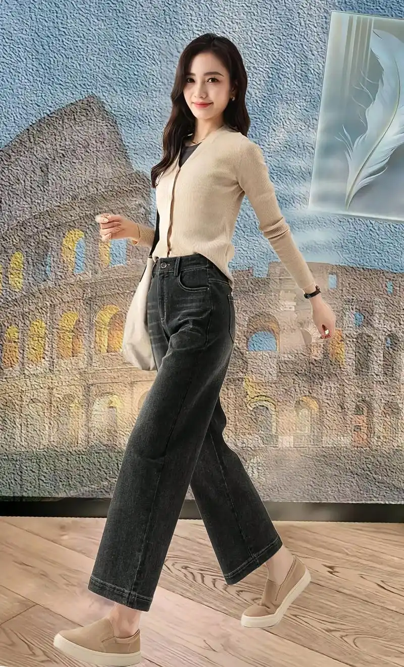 时尚复古直筒牛仔裤女春夏新款百搭阔腿裤