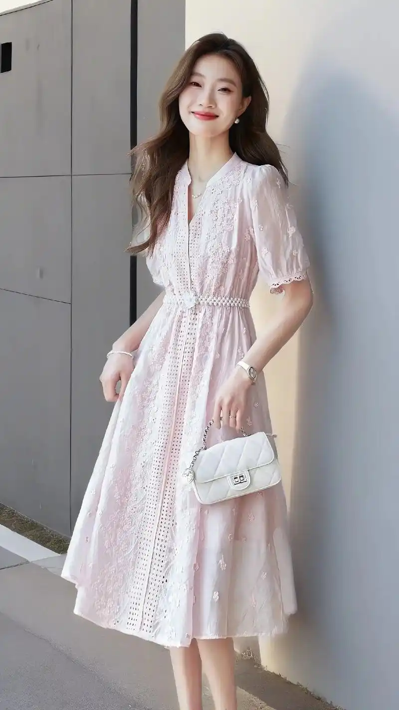 刺绣镂空碎花连衣裙女2024年夏季新款