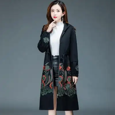 weked95021大码加厚绣花风衣外套女中长款过膝长袖气质大衣