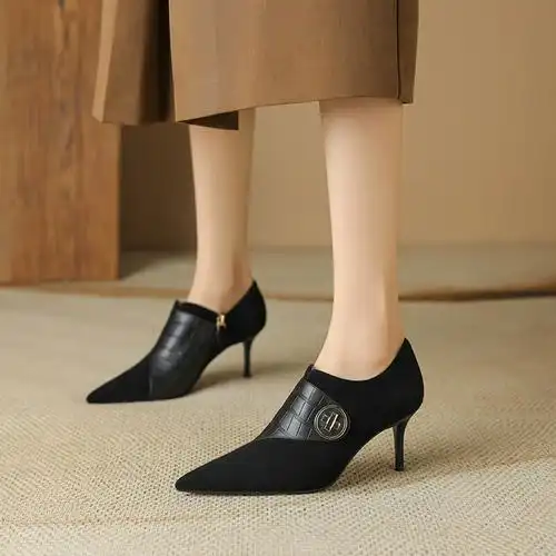 尖头高跟深口女鞋细跟秋冬季女2023年新款气质女士单鞋里外纯皮