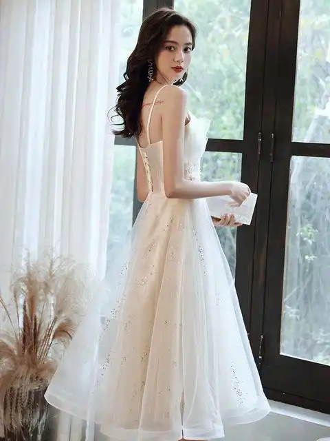 订婚吊带晚礼服裙浅香槟色仙女礼服裙学生1成年礼抹胸晚宴会气质公主