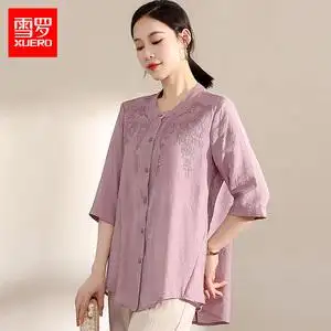 中年妈妈七分袖上衣年轻气质中老年女夏装套装棉麻衬衫大码两件套