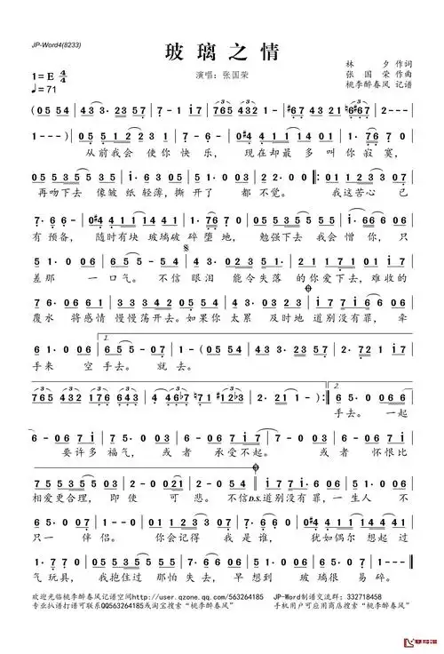 玻璃之情简谱(歌词)-张国荣演唱-桃李醉春风记谱简谱歌词