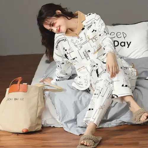 甜妹子 女士睡衣春秋纯棉长袖翻领开衫秋冬薄款套装