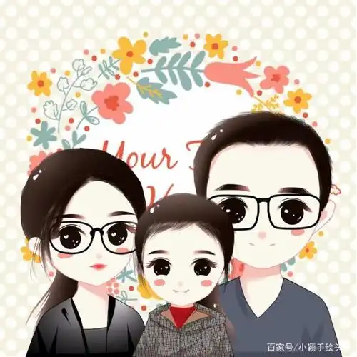 手绘一家三口,四口亲子微信头像,温馨甜蜜幸福