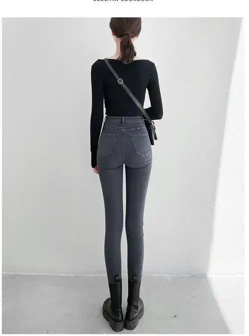 休闲裤女夏烟灰色牛仔裤女九分紧身小脚裤加绒2022夏新款显瘦高腰弹力