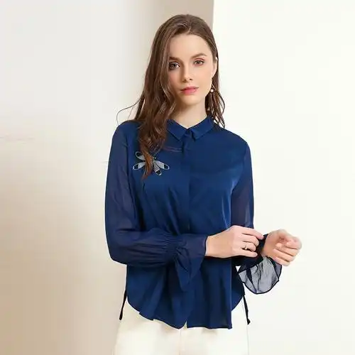 金菊女装春夏季新款真丝衬衫女士长袖桑蚕丝上衣修身显瘦喇叭袖衬衣女