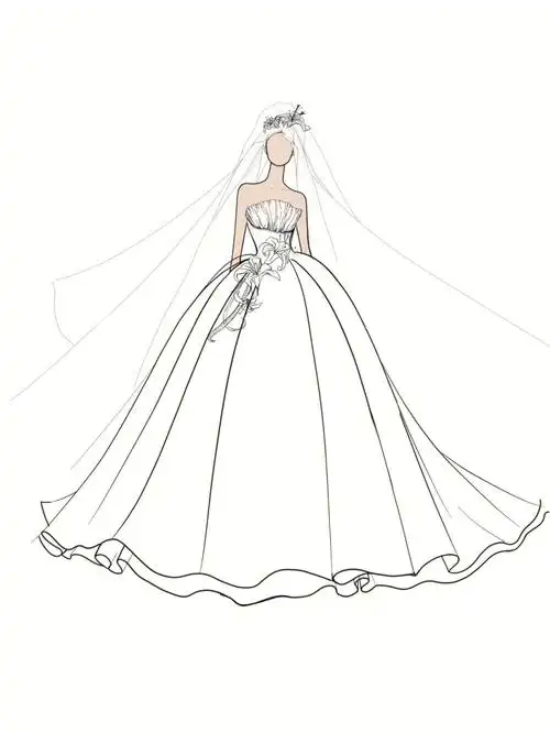 婚纱设计手绘稿百合花主题简约缎面婚纱