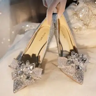 主婚纱公主水晶鞋女结婚水钻高跟鞋细跟单鞋尖头亮片水晶扣7cm银色34