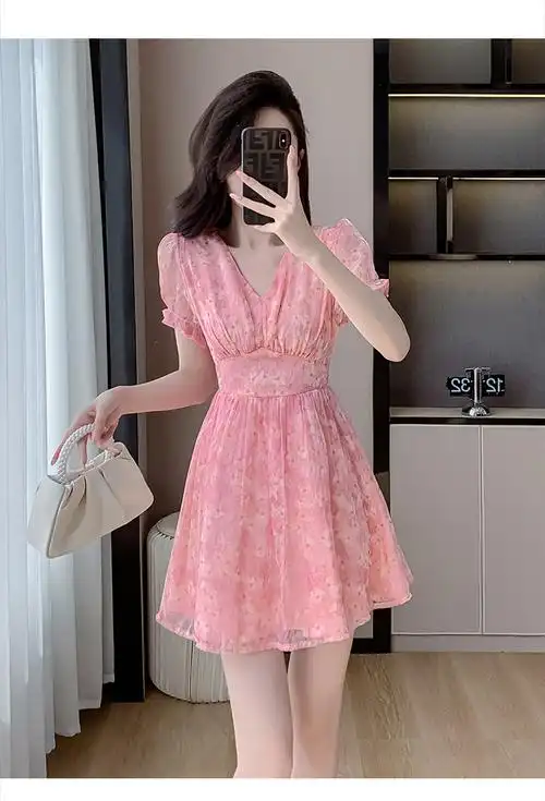 2024新款夏季粉色雪纺小个子连衣裙收腰显高温柔风气质高级感裙
