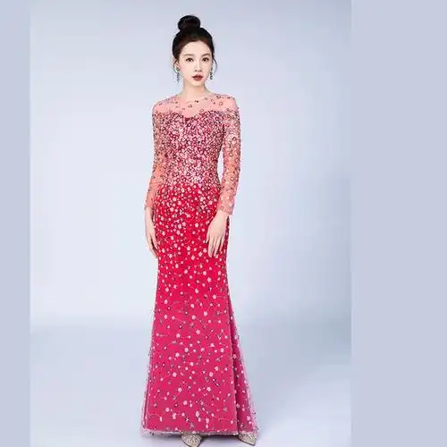 晚礼服新款 宴会气质名媛轻奢小众高级感亮片鱼尾连衣裙喜婆婆 - 女装
