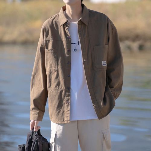 港仔文艺男 日系工装长袖衬衫外套男春季宽松春秋款痞帅男生衬衣