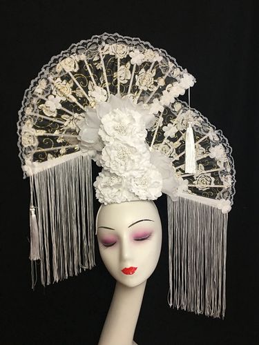 新款中国风白色夸张扇子流苏舞台走秀大气奢华创意妆彩妆造型头饰