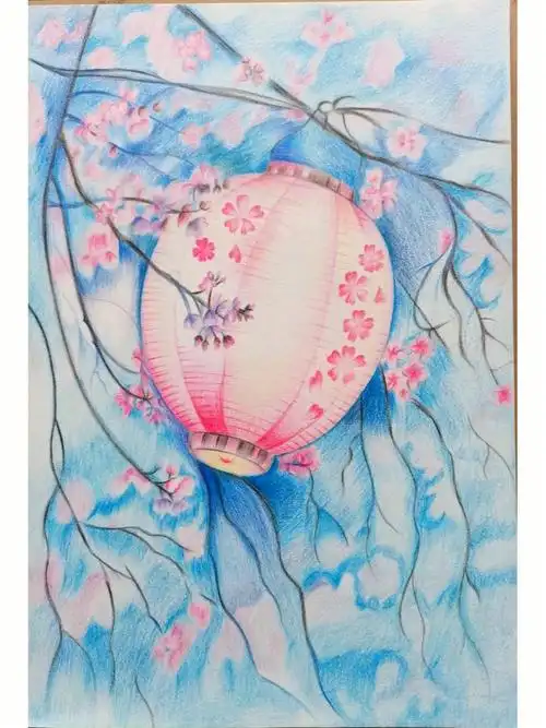 彩铅临摹樱花下的私语附过程图