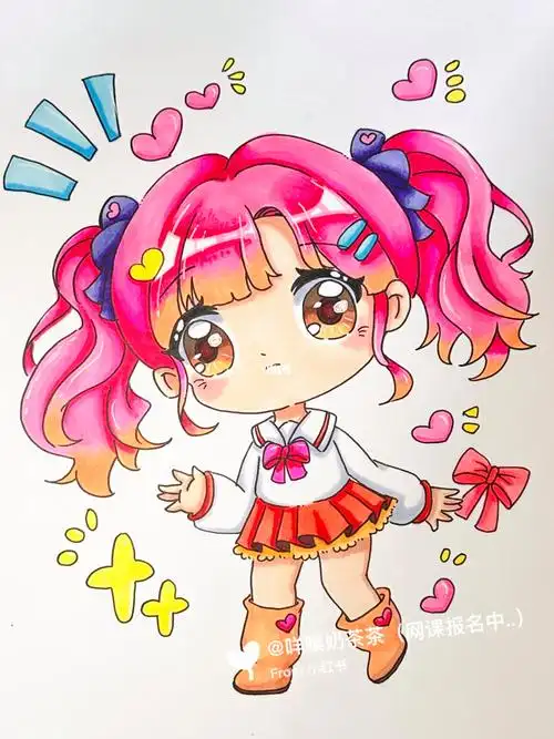 q版动漫马克笔绘画可爱双马尾女孩