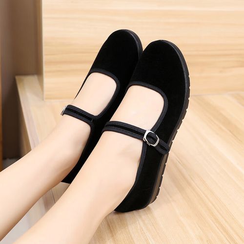 大唐喜乐牛老北京布鞋女一带一字扣妈妈鞋广场舞鞋工作鞋平绒黑色工装