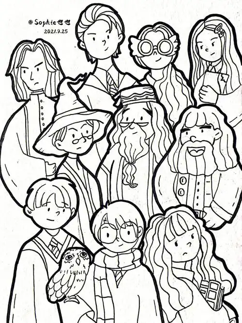 哈利波特手绘插画人物叠叠乐黑白简笔画