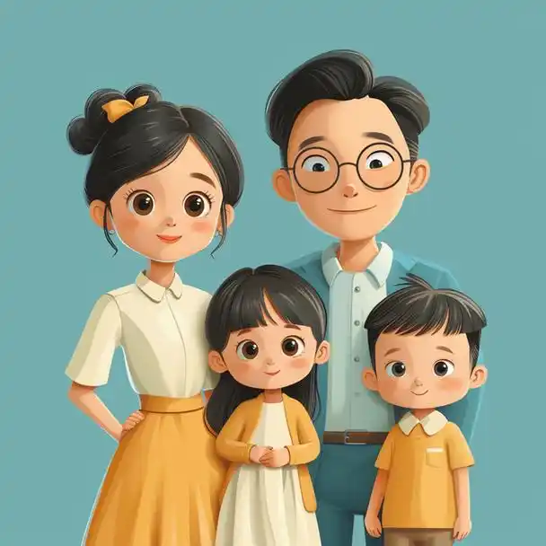 亲子头像|2024一家四口姐弟|亲子照卡通插画