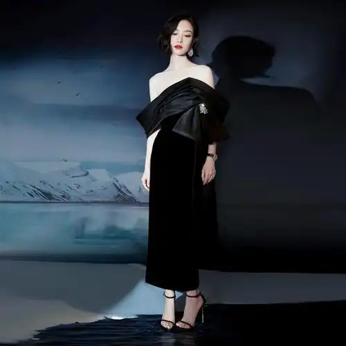 倪妮同款复古黑色丝绒露肩修身年会晚宴小礼服连衣裙gq盛典2020