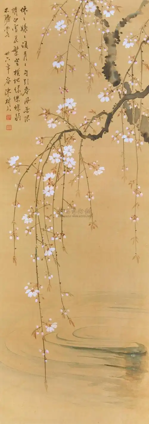 0684杏花流水图立轴设色纸本