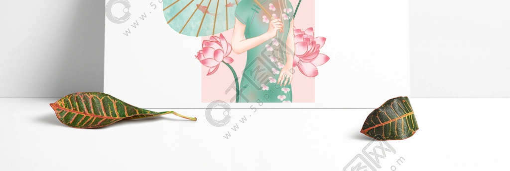 传统中国风雨伞旗袍美少女荷花烟雨江南手绘