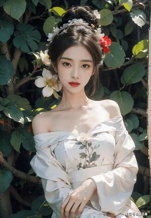 高清美女壁纸:古风美女穿越时空的魅力,一字肩印花汉服的优雅_丛林_肌