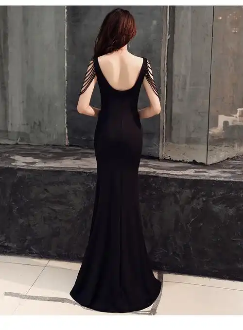 黑色晚礼服女2020春季新款宴会高贵优雅长款深v领显瘦性感鱼尾裙