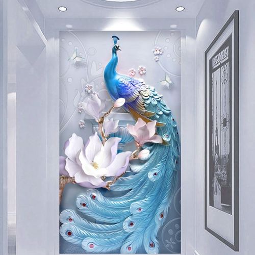 3d立体孔雀墙纸8d定制简欧竖版玄关墙布5d走廊过道背景墙装饰壁画