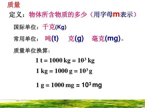 物体所含物质的多少(用字母m表示) 国际单位:千克(kg) 常用单位: 吨(t