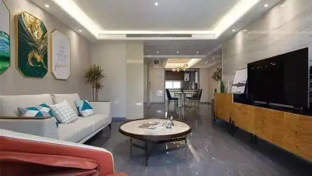 现代简约大三房米色微晶石电视墙搭配灰色地砖有质感上档次