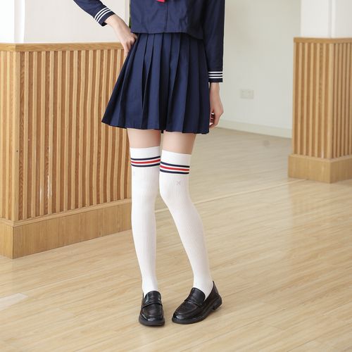 日系学生学院风大腿袜春秋款高筒三杠白过膝袜jk过膝盖长筒袜子女